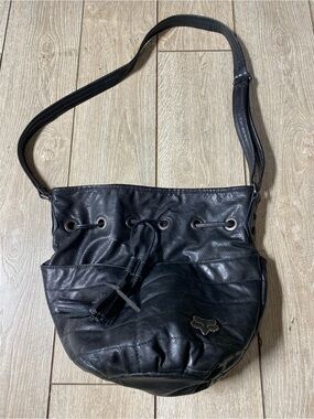 Vintage Y2K Fox Racing Black Faux Leather Bucket Bag Drawstring Crossbody Purse